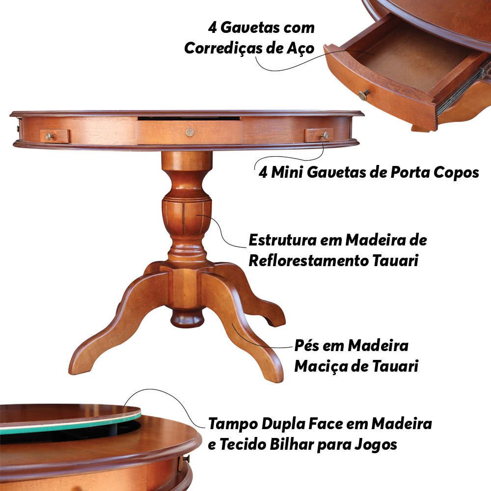 Mesa de Jogos Carteado 4 Lugares J-Bonomo Redonda Tampo Reversível com Gavetas e Porta Copos Imbuia G08 - Gran Belo