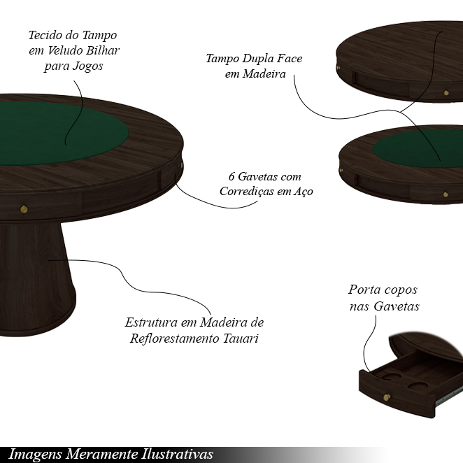 Mesa de Jogos Carteado 6 Lugares Bellagio com Gavetas e Tampo Reversível Base Cone com Tecido Capuccino/Verde G42 - Gran Belo