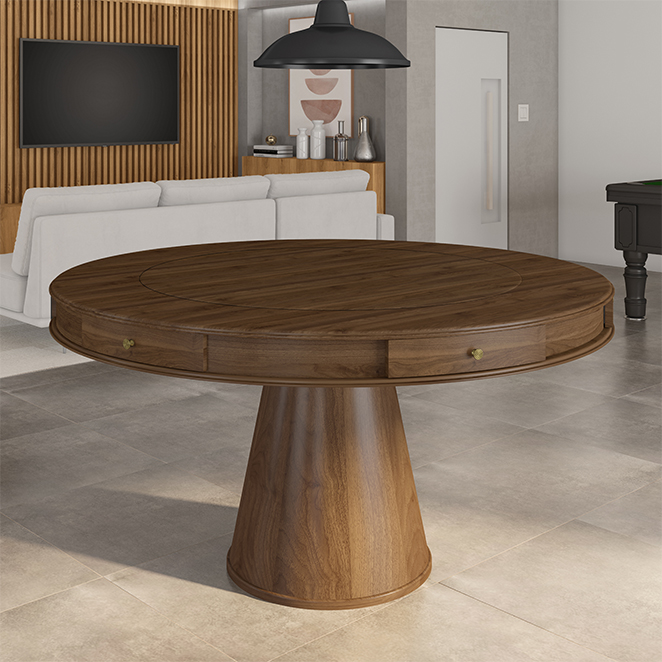 Mesa de Jogos Carteado 6 Lugares Bellagio com Gavetas e Tampo Reversível Base Cone com Tecido Nogueira/Verde G42 - Gran Belo
