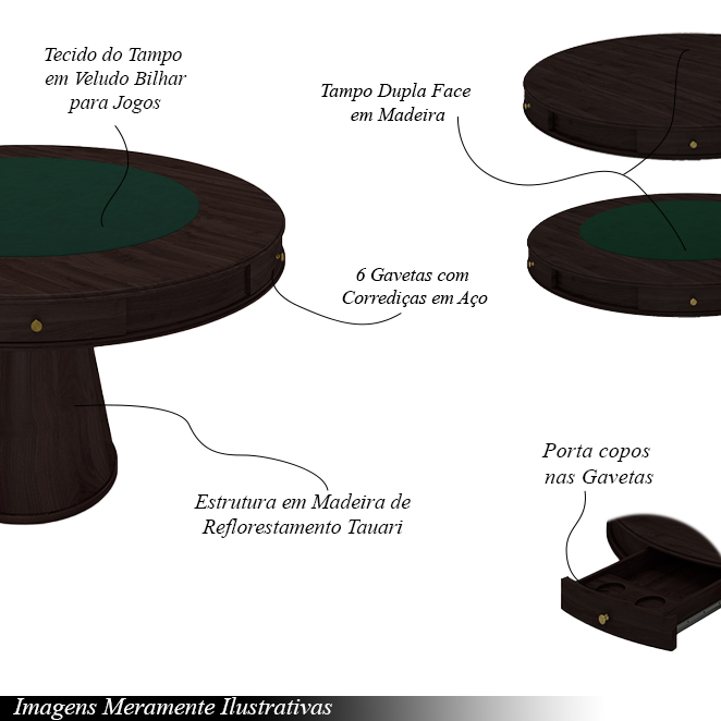 Mesa de Jogos Carteado 6 Lugares Bellagio com Gavetas e Tampo Reversível Base Cone com Tecido Tabaco/Verde G42 - Gran Belo