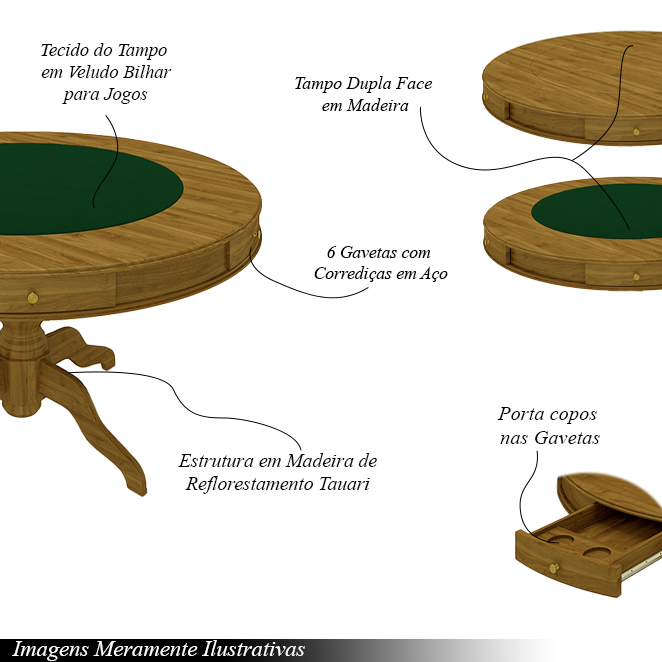 Mesa de Jogos Carteado 6 Lugares Bellagio com Gavetas e Tampo Reversível Base Estrela com Tecido Mel/Verde G42 - Gran Belo