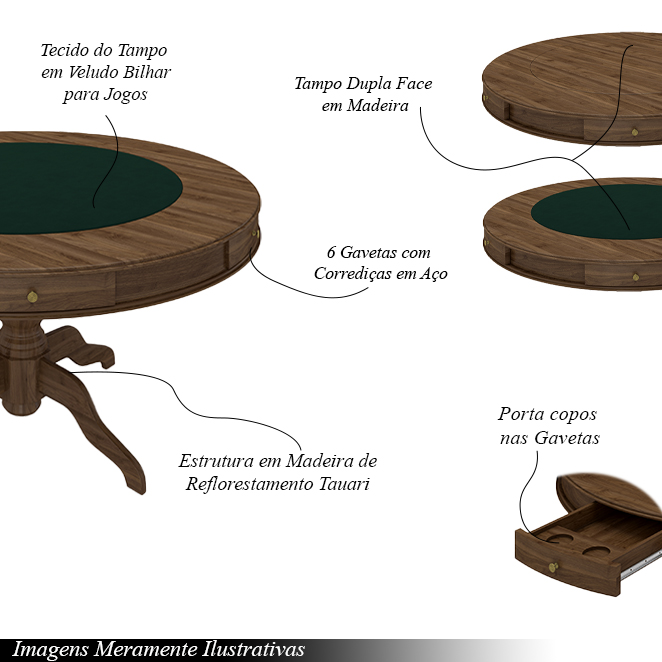 Mesa de Jogos Carteado 6 Lugares Bellagio com Gavetas e Tampo Reversível Base Estrela com Tecido Nogueira/Verde G42 - Gran Belo