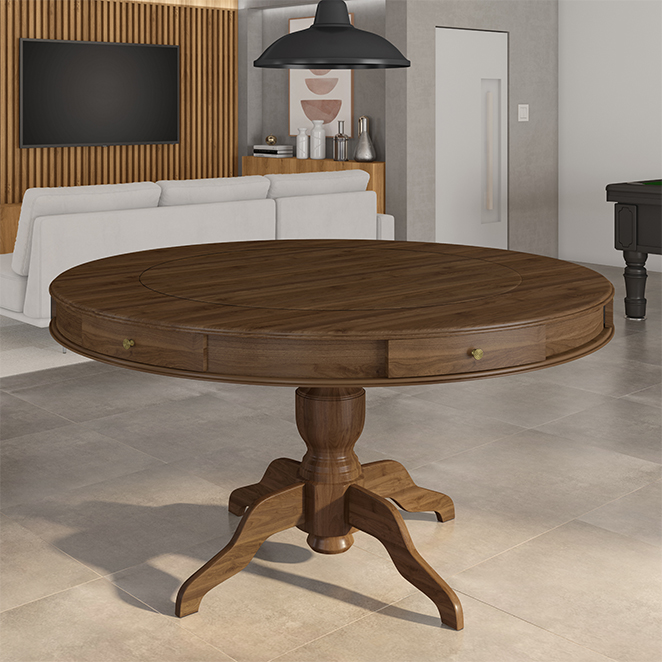 Mesa de Jogos Carteado 6 Lugares Bellagio com Gavetas e Tampo Reversível Base Estrela com Tecido Nogueira/Verde G42 - Gran Belo