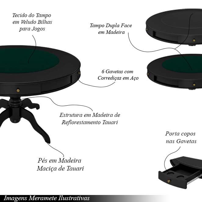 Mesa de Jogos Carteado 6 Lugares Bellagio com Gavetas e Tampo Reversível com Tecido Preto/Verde G42 - Gran Belo