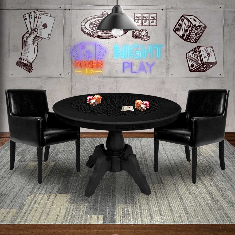 Mesa de Jogos Carteado Montreal Redonda Tampo Reversível Preto com 2 Cadeiras Liverpool PU Sintético Preto Liso G36 G15 - Gran Belo