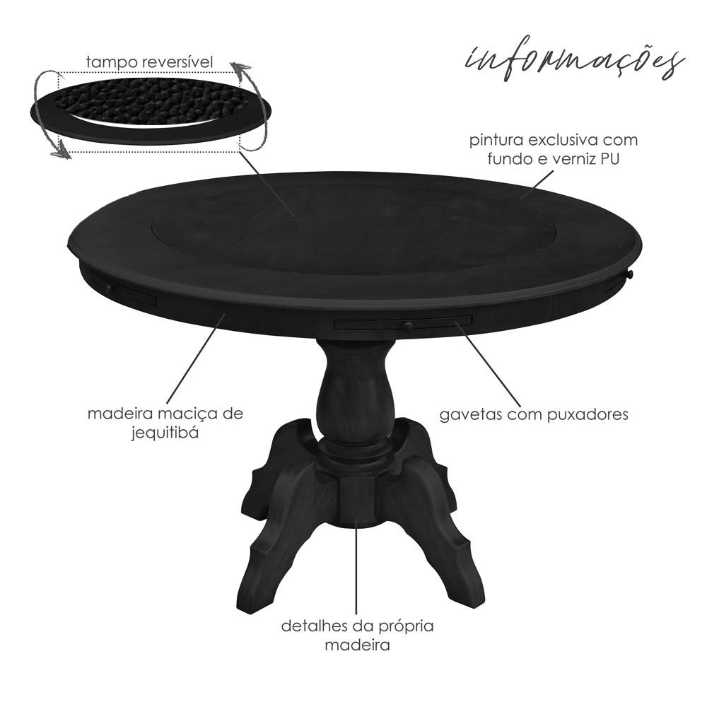 Mesa de Jogos Carteado Montreal Redonda Tampo Reversível Preto com 2 Cadeiras Liverpool PU Sintético Preto Liso G36 G15 - Gran Belo