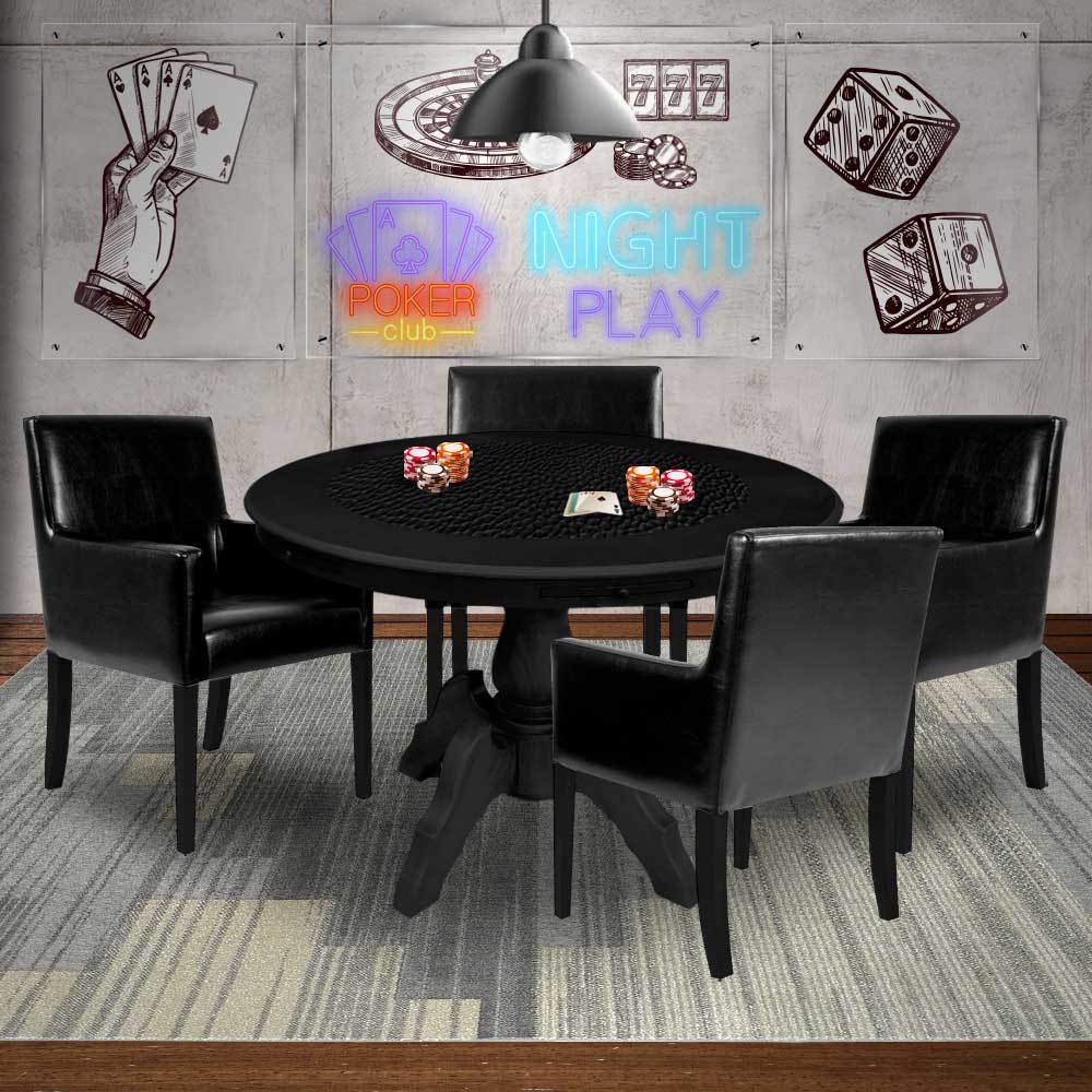 Mesa de Jogos Carteado Montreal Redonda Tampo Reversível Preto com 4 Cadeiras Liverpool PU Preto Liso G36 G15 - Gran Belo