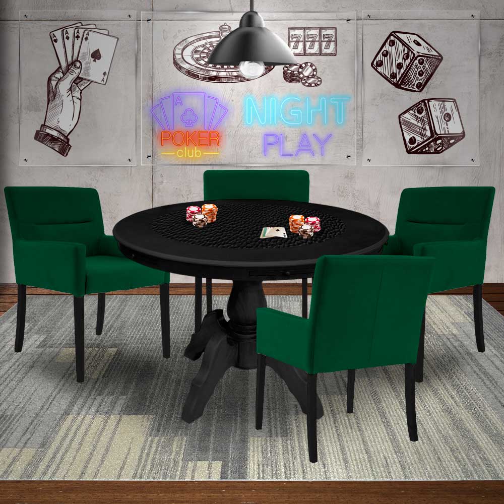 Mesa de Jogos Carteado Montreal Redonda Tampo Reversível Preto com 4 Cadeiras Vicenza Verde G36 G15 - Gran Belo