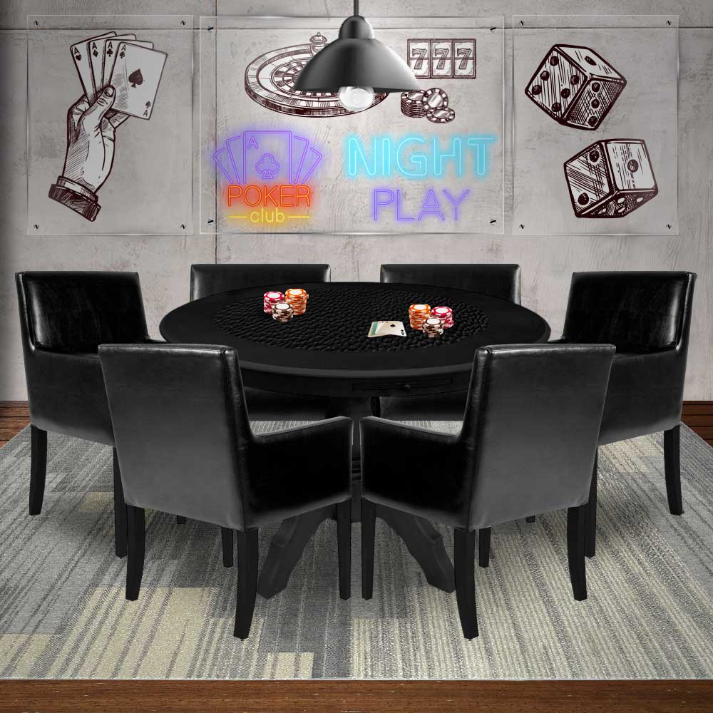 Mesa de Jogos Carteado Montreal Redonda Tampo Reversível Preto com 6 Cadeiras Liverpool Corino Preto Liso - Gran Belo