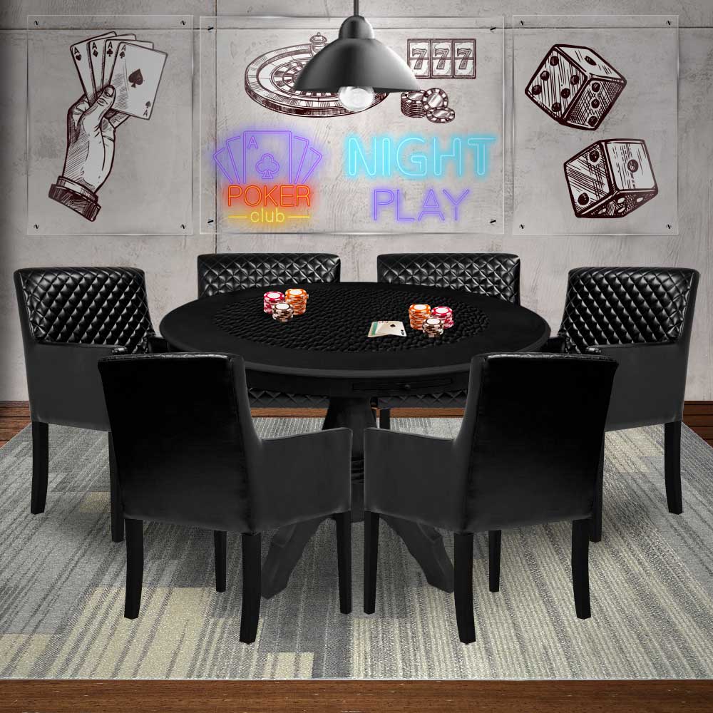 Mesa de Jogos Carteado Montreal Redonda Tampo Reversível Preto com 6 Cadeiras Liverpool Corino Preto Matelassê G36 G15 - Gran Belo