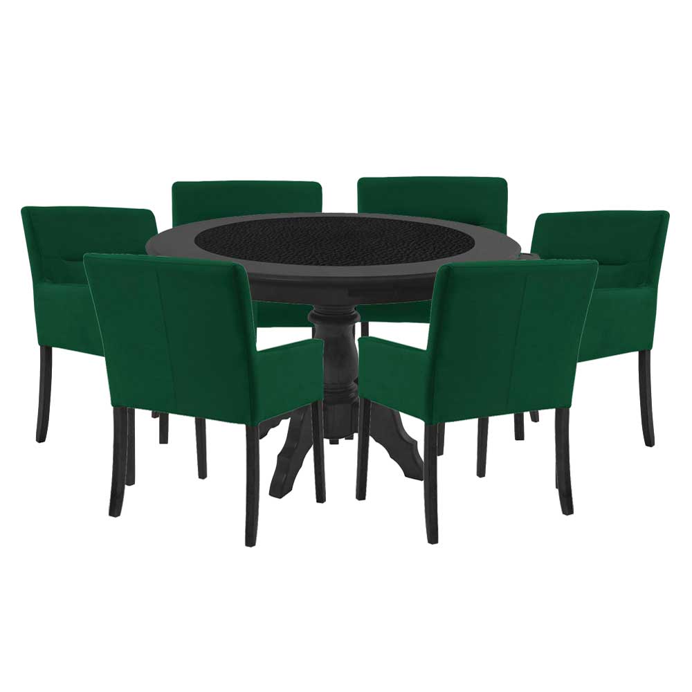 Mesa de Jogos Carteado Montreal Redonda Tampo Reversível Preto com 6 Cadeiras Vicenza Verde G36 G15 - Gran Belo