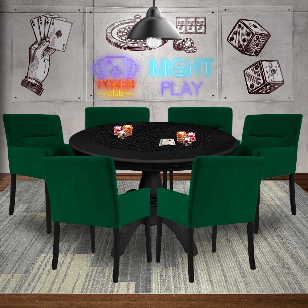 Mesa de Jogos Carteado Montreal Redonda Tampo Reversível Preto com 6 Cadeiras Vicenza Verde G36 G15 - Gran Belo
