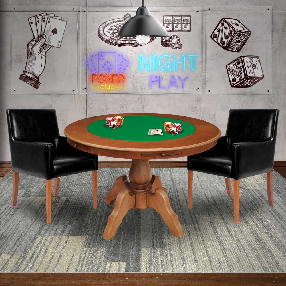 Mesa de Jogos Carteado Redonda Montreal Tampo Reversível Amêndoa com 2 Cadeiras Liverpool PU Sintético Preto Liso G36 G15 - Gran Belo