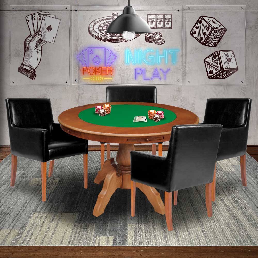 Mesa de Jogos Carteado Redonda Montreal Tampo Reversível Amêndoa com 4 Cadeiras Liverpool PU Preto Liso G36 G15 - Gran Belo