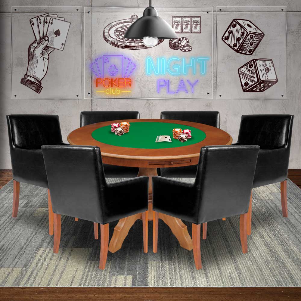 Mesa de Jogos Carteado Redonda Montreal Tampo Reversível Amêndoa com 6 Cadeiras Liverpool PU Preto Liso G36 G15 - Gran Belo
