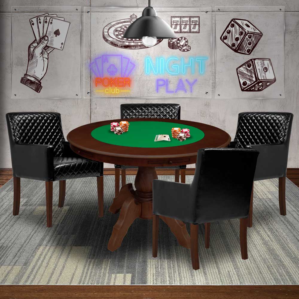 Mesa de Jogos Carteado Redonda Montreal Tampo Reversível Imbuia com 4 Cadeiras Liverpool PU Sintético Preto Matelassê G36 G15 - Gran Belo