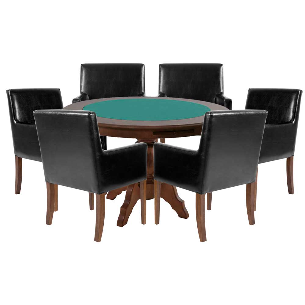 Mesa de Jogos Carteado Redonda Montreal Tampo Reversível Imbuia com 6 Cadeiras Liverpool Corino Preto Liso G36 G15 - Gran Belo