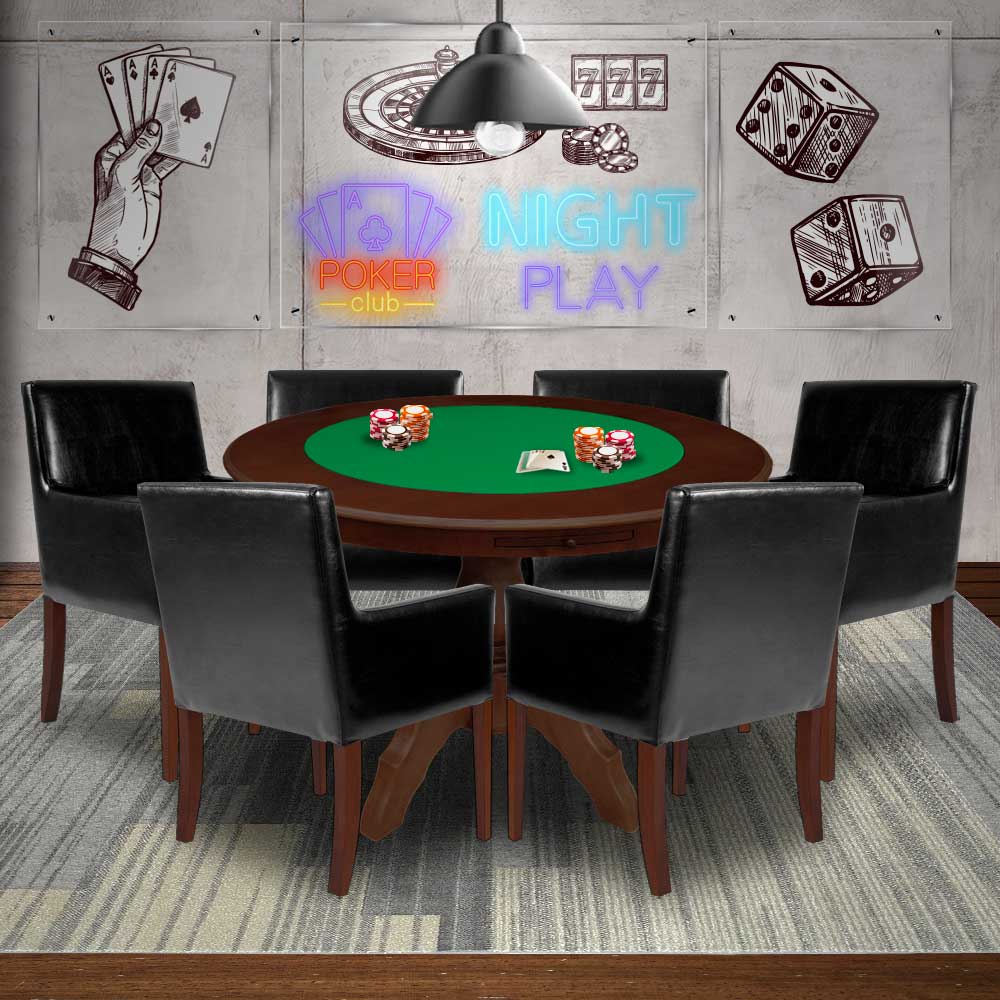 Mesa de Jogos Carteado Redonda Montreal Tampo Reversível Imbuia com 6 Cadeiras Liverpool Corino Preto Liso G36 G15 - Gran Belo