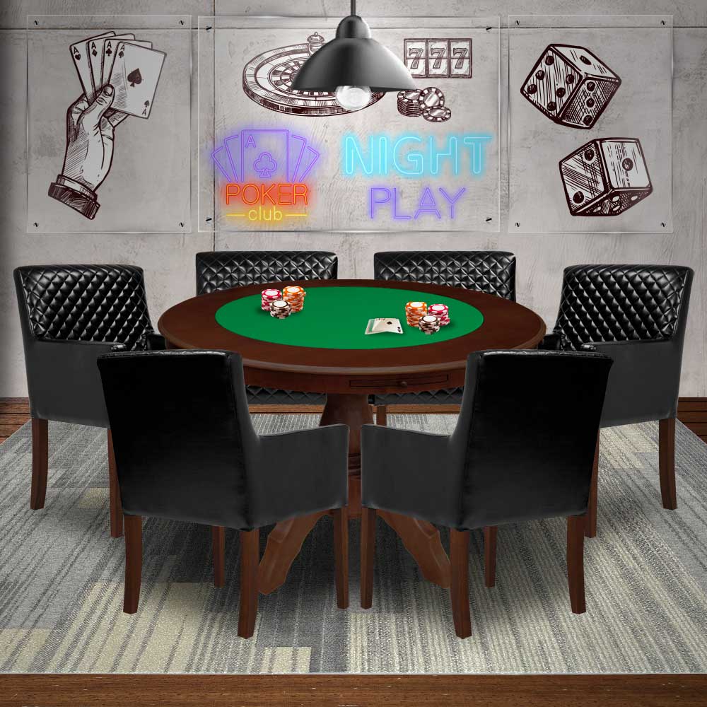 Mesa de Jogos Carteado Redonda Montreal Tampo Reversível Imbuia com 6 Cadeiras Liverpool Corino Preto Matelassê G36 G15 - Gran Belo