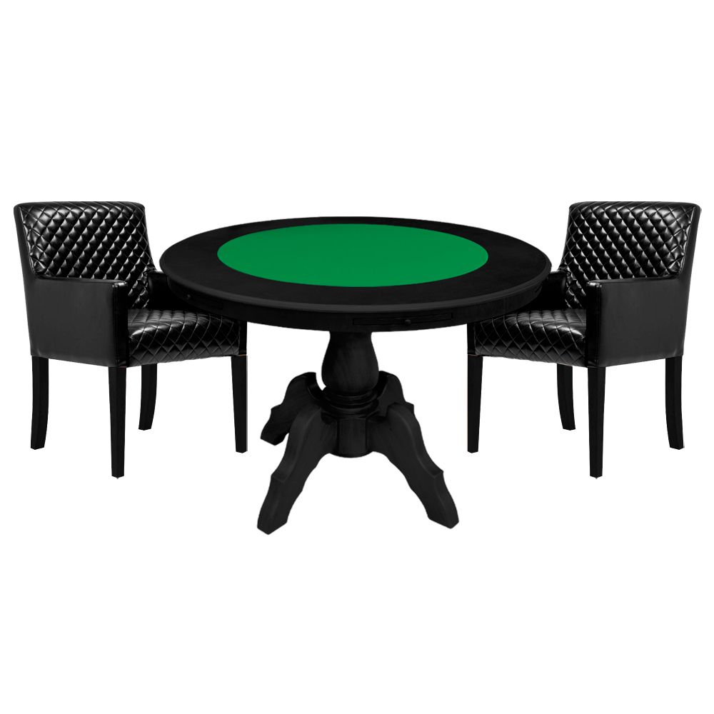 Mesa de Jogos Carteado Redonda Montreal Tampo Reversível Preto com 2 Cadeiras Liverpool Corino Preto Matelassê G36 G15 - Gran Belo