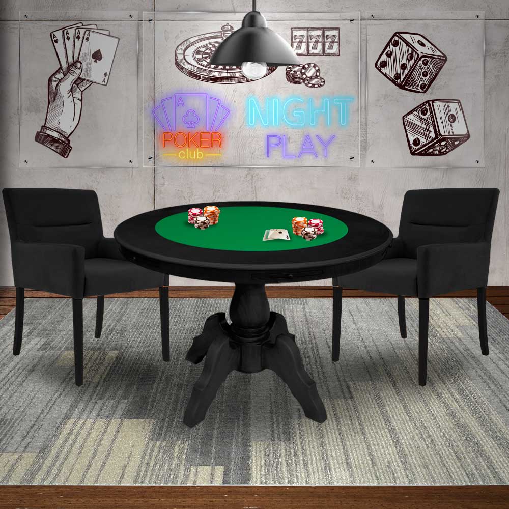 Mesa de Jogos Carteado Redonda Montreal Tampo Reversível Preto com 2 Cadeiras Vicenza Preto Fosco G36 G15 - Gran Belo