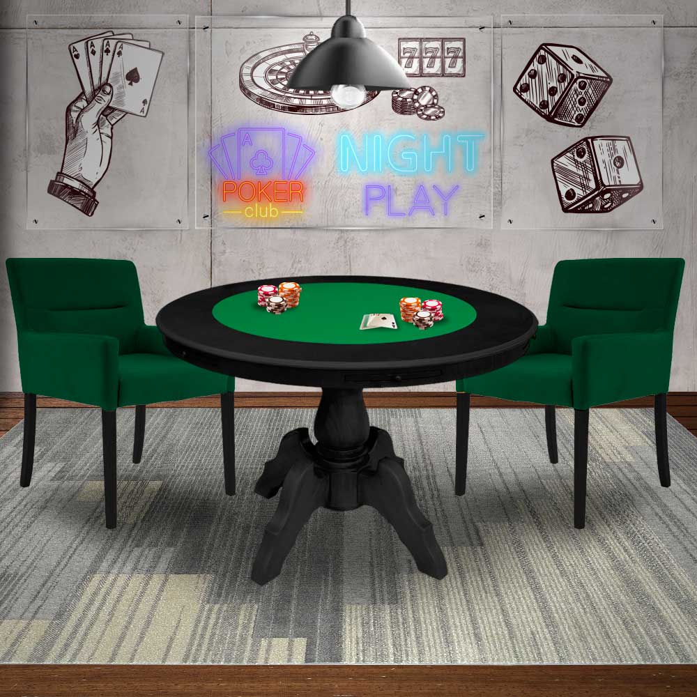 Mesa de Jogos Carteado Redonda Montreal Tampo Reversível Preto com 2 Cadeiras Vicenza Verde G36 G15 - Gran Belo