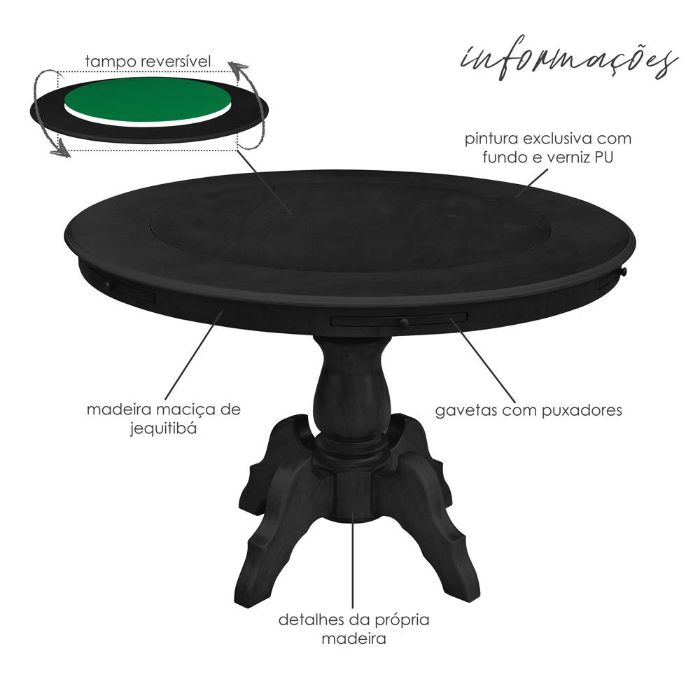 Mesa de Jogos Carteado Redonda Montreal Tampo Reversível Preto com 4 Cadeiras Liverpool PU Sintético Preto Liso G36 G15 - Gran Belo
