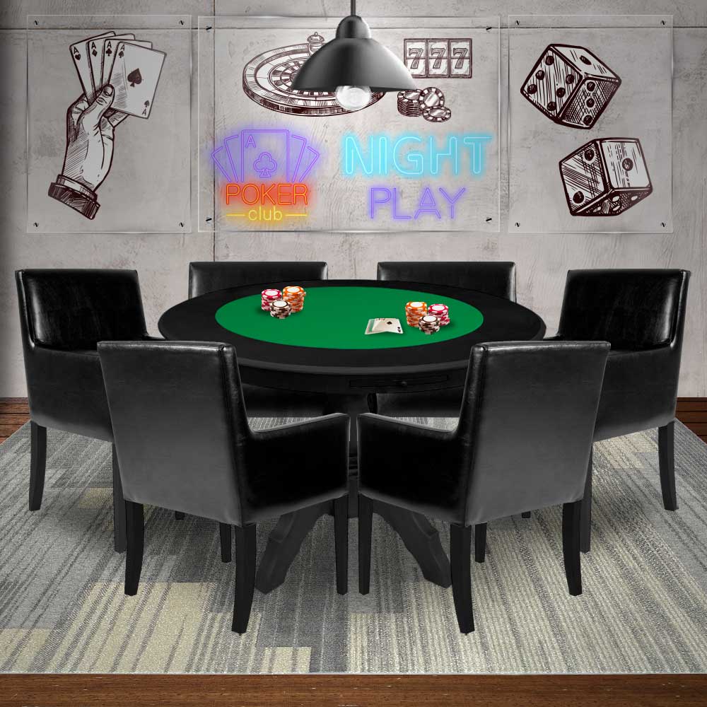 Mesa de Jogos Carteado Redonda Montreal Tampo Reversível Preto com 6 Cadeiras Liverpool PU Sintético Preto Liso G36 G15 - Gran Belo