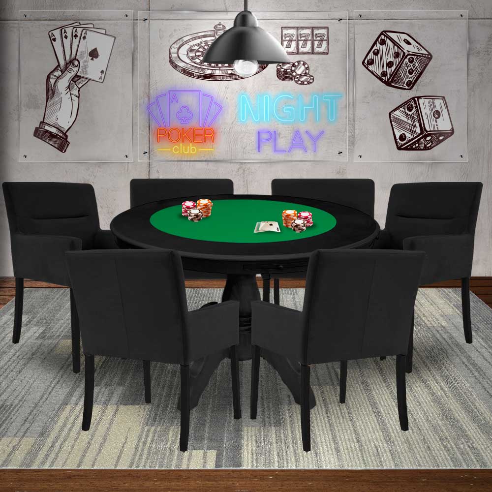 Mesa de Jogos Carteado Redonda Montreal Tampo Reversível Preto com 6 Cadeiras Vicenza Preto Fosco G36 G15 - Gran Belo