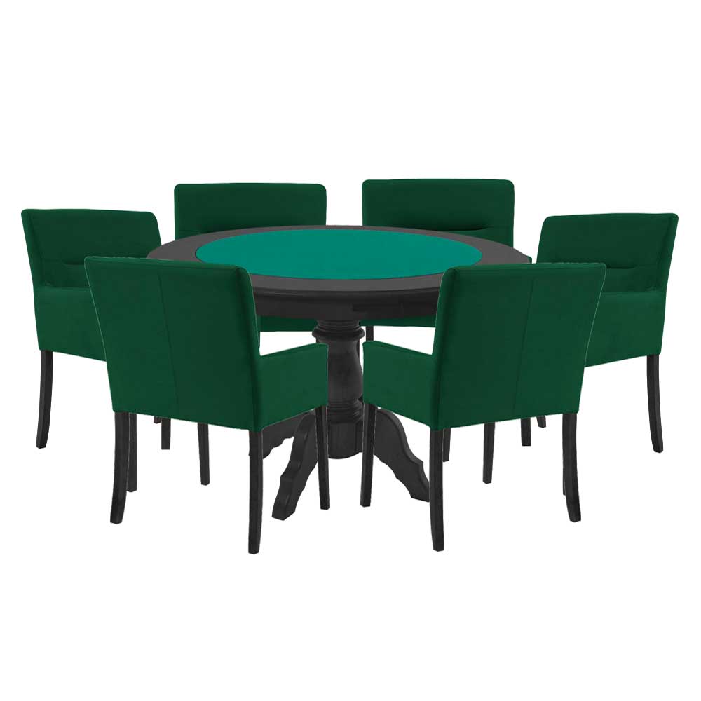 Mesa de Jogos Carteado Redonda Montreal Tampo Reversível Preto com 6 Cadeiras Vicenza Verde G36 G15 - Gran Belo
