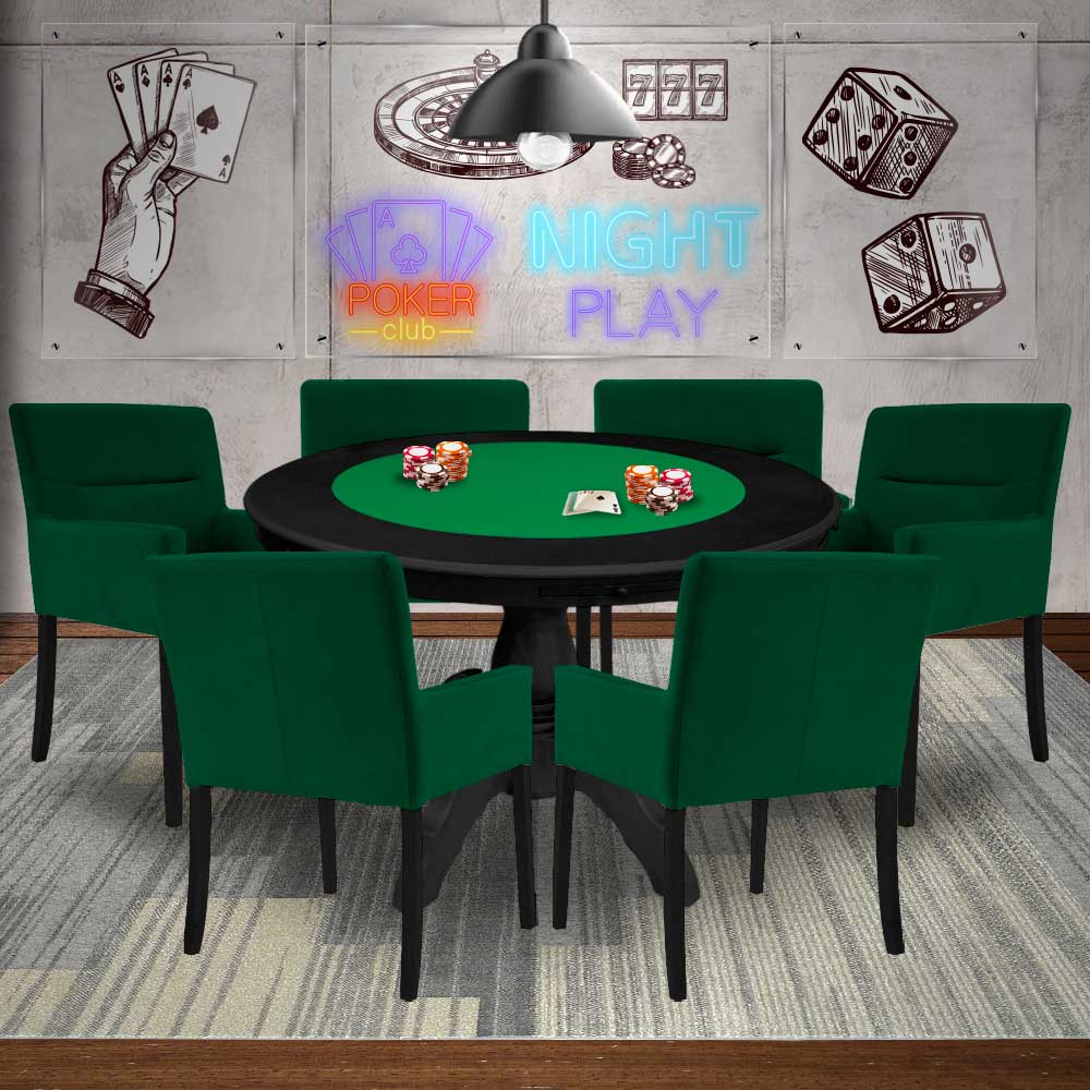 Mesa de Jogos Carteado Redonda Montreal Tampo Reversível Preto com 6 Cadeiras Vicenza Verde G36 G15 - Gran Belo