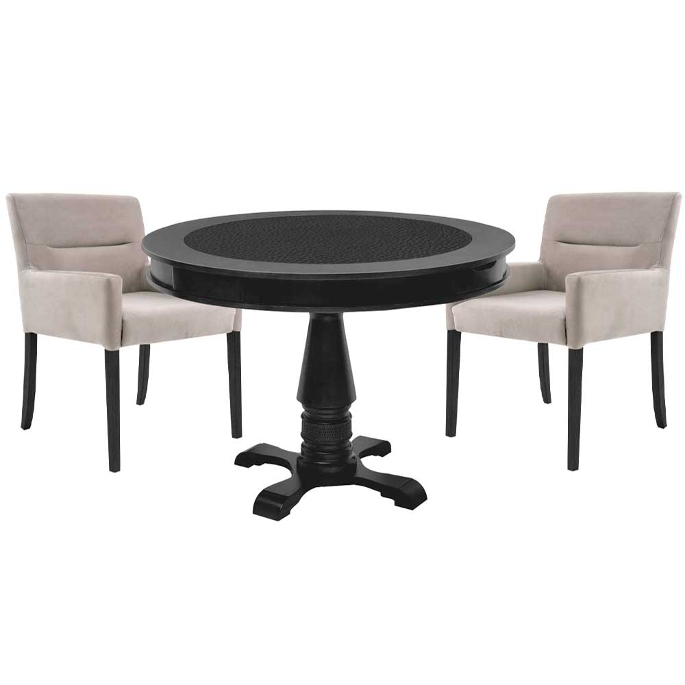 Mesa de Jogos Carteado Redonda Victoria Tampo Reversível Preto com 2 Cadeiras Vicenza Suede Nude - Gran Belo