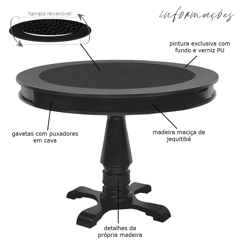 Mesa de Jogos Carteado Redonda Victoria Tampo Reversível Preto com 2 Cadeiras Vicenza Suede Preto Fosco G36 G15 - Gran Belo