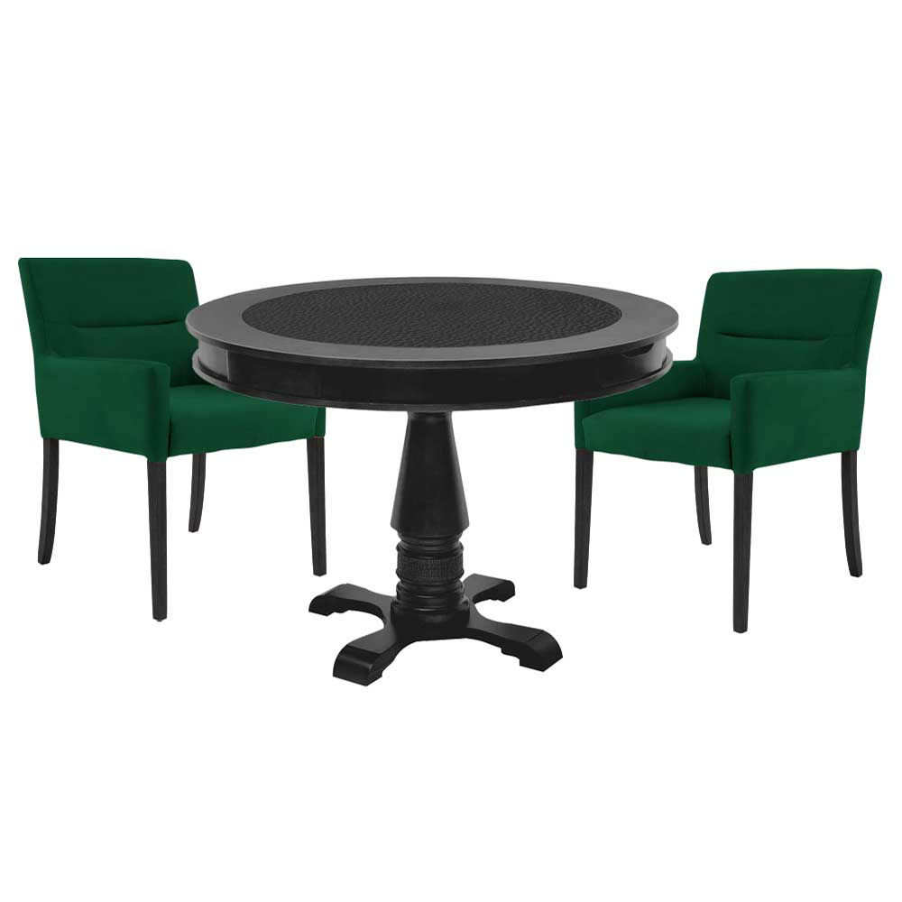 Mesa de Jogos Carteado Redonda Victoria Tampo Reversível Preto com 2 Cadeiras Vicenza Suede Verde - Gran Belo
