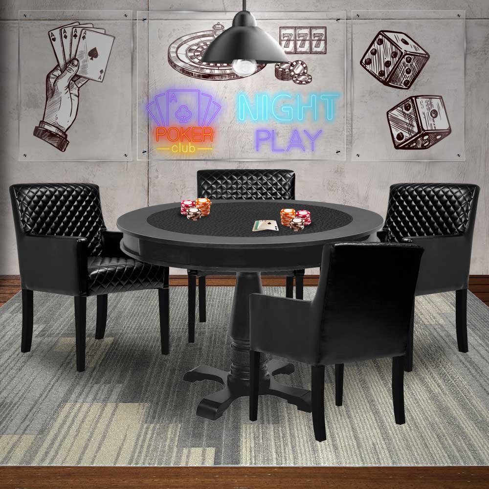 Mesa de Jogos Carteado Redonda Victoria Tampo Reversível Preto com 4 Cadeiras Liverpool PU Preto Matelassê G36 G15 - Gran Belo