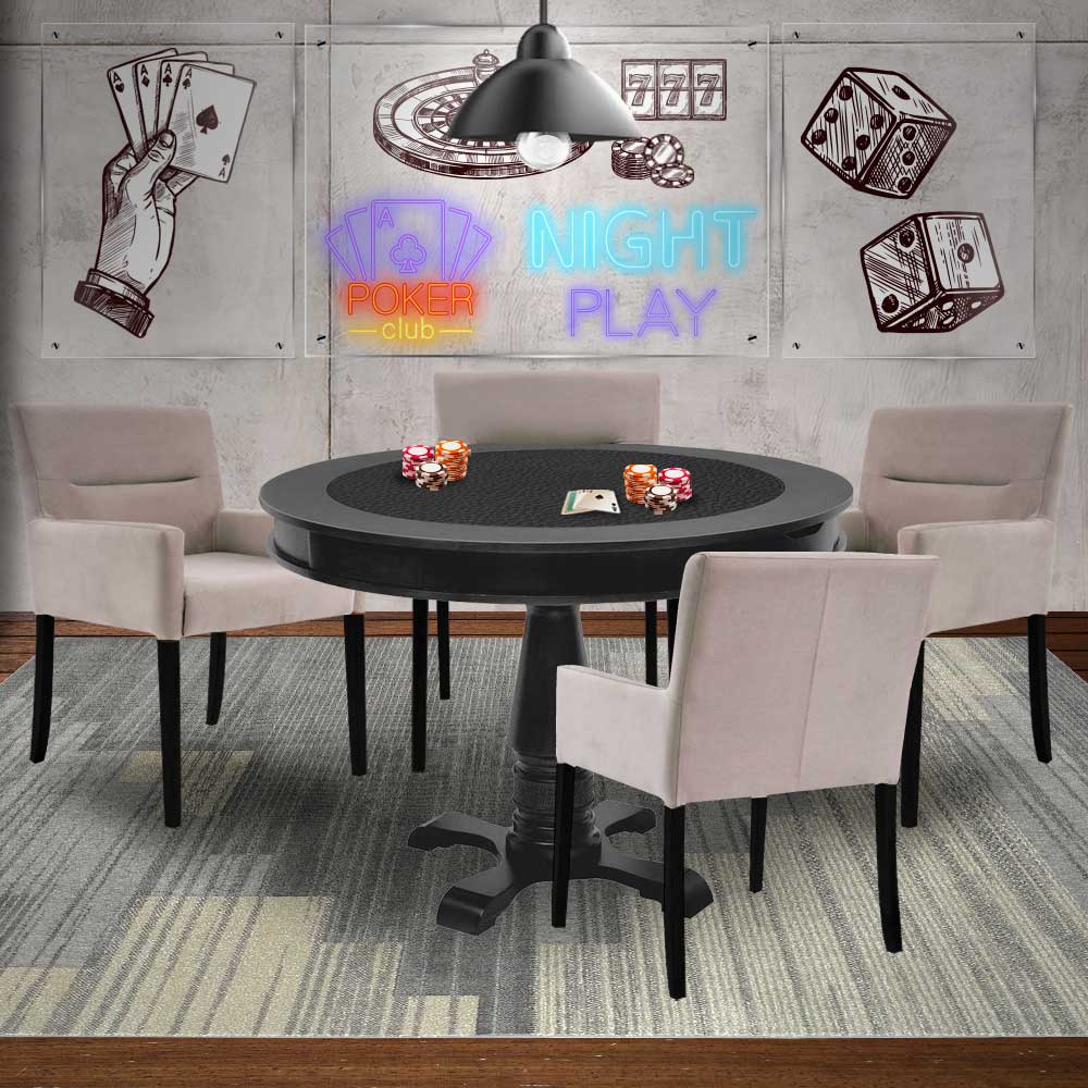 Mesa de Jogos Carteado Redonda Victoria Tampo Reversível Preto com 4 Cadeiras Vicenza Suede Nude G36 G15 - Gran Belo