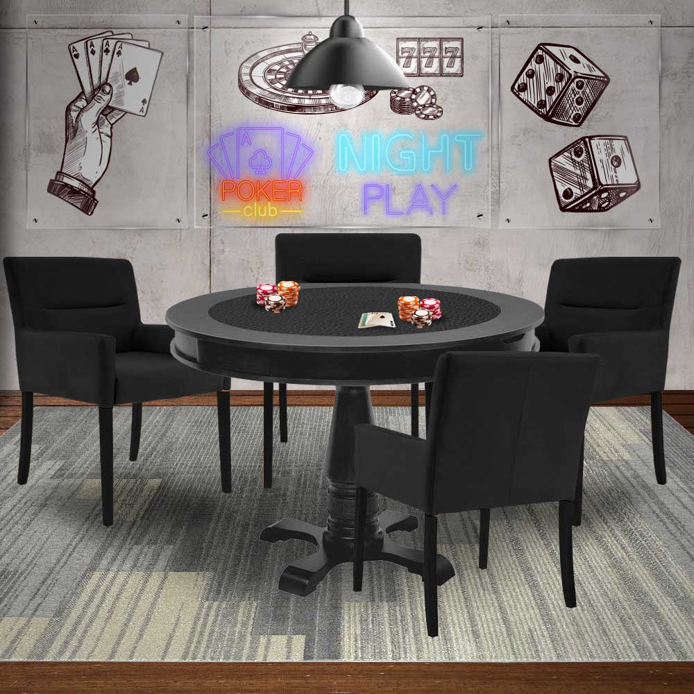 Mesa de Jogos Carteado Redonda Victoria Tampo Reversível Preto com 4 Cadeiras Vicenza Suede Preto Fosco G36 G15 - Gran Belo