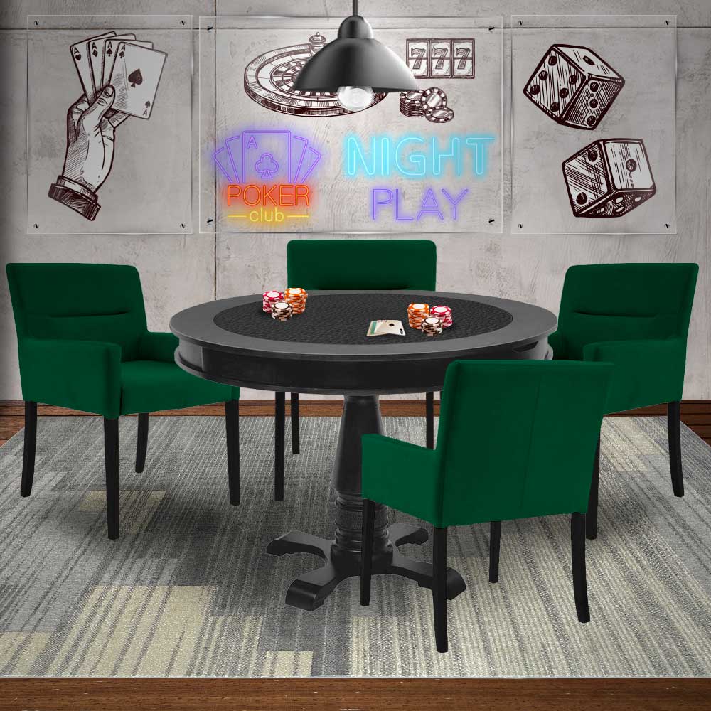 Mesa de Jogos Carteado Redonda Victoria Tampo Reversível Preto com 4 Cadeiras Vicenza Suede Verde G36 G15 - Gran Belo