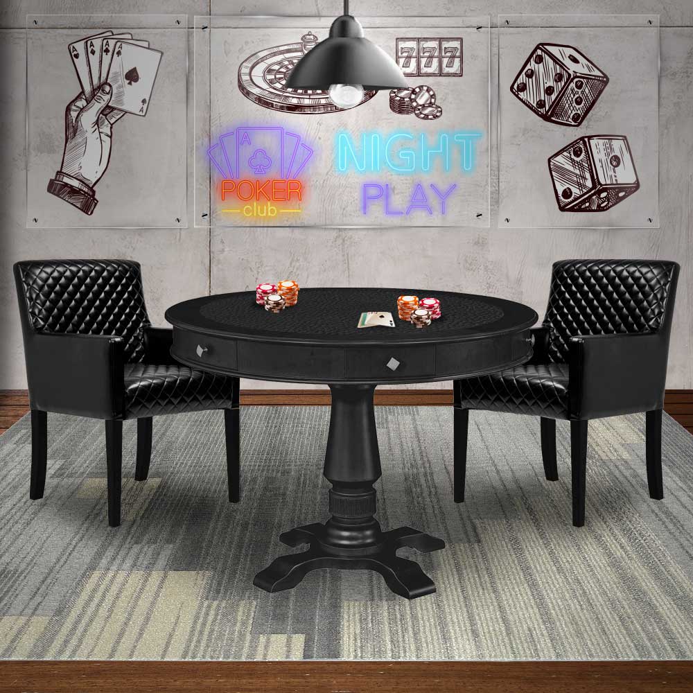 Mesa de Jogos Carteado Redonda Victoria Tampo Reversível Preto com Kit 2 Cadeiras Liverpool PU Preto Matelassê G36 G15 - Gran Belo