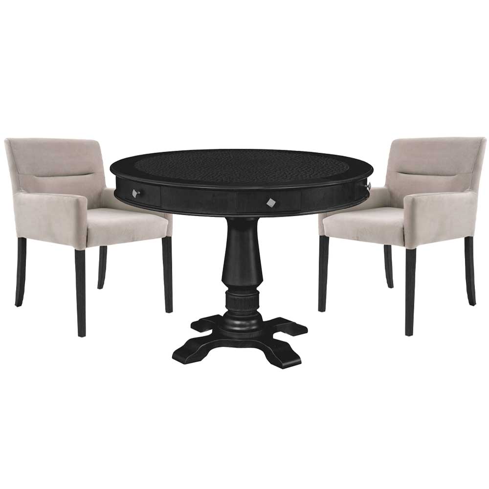 Mesa de Jogos Carteado Redonda Victoria Tampo Reversível Preto com Kit 2 Cadeiras Vicenza Suede Nude G36 G15 - Gran Belo
