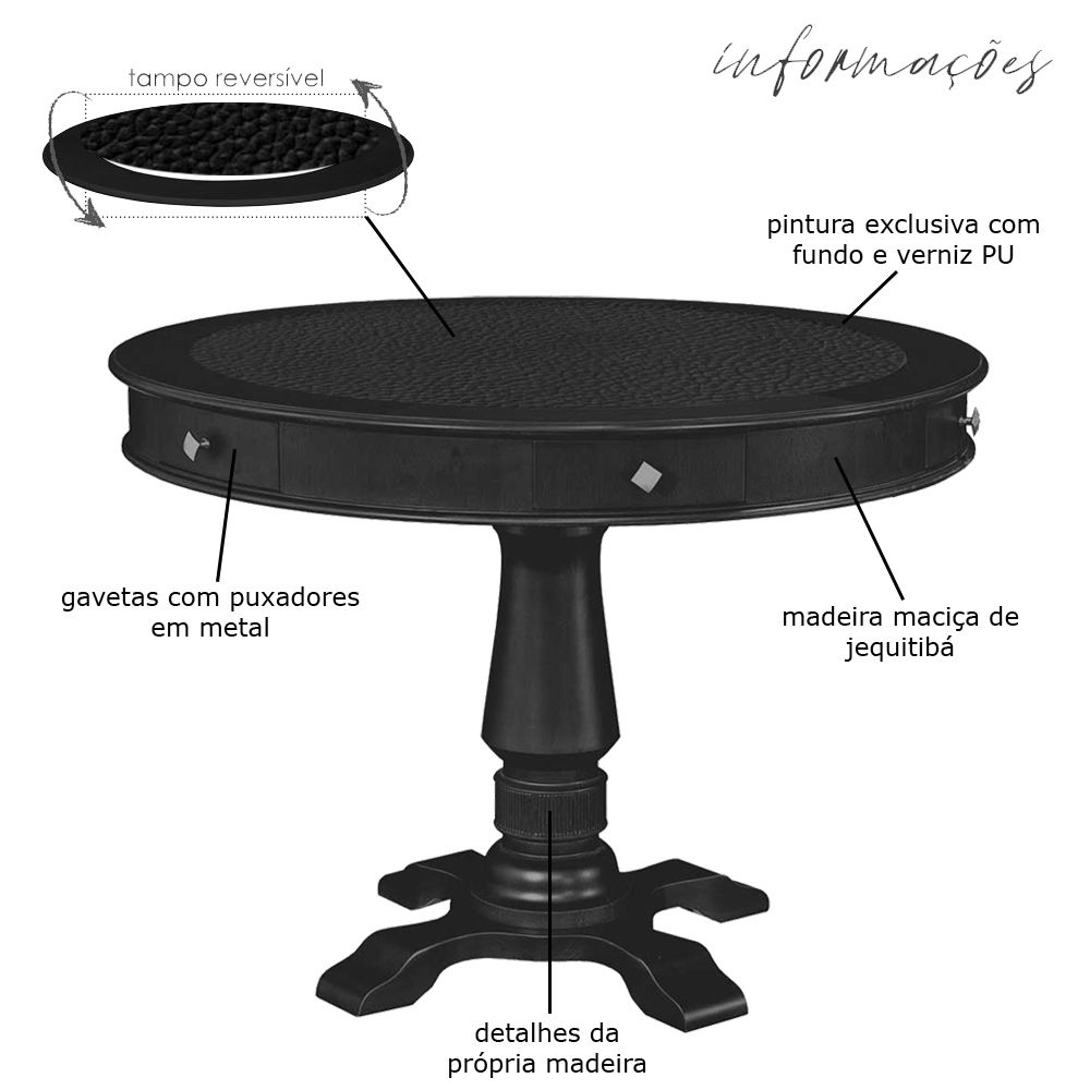 Mesa de Jogos Carteado Redonda Victoria Tampo Reversível Preto com Kit 2 Cadeiras Vicenza Suede Preto Fosco G36 G15 - Gran Belo