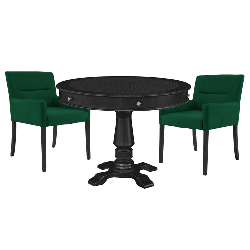 Mesa de Jogos Carteado Redonda Victoria Tampo Reversível Preto com Kit 2 Cadeiras Vicenza Suede Verde G36 G15 - Gran Belo