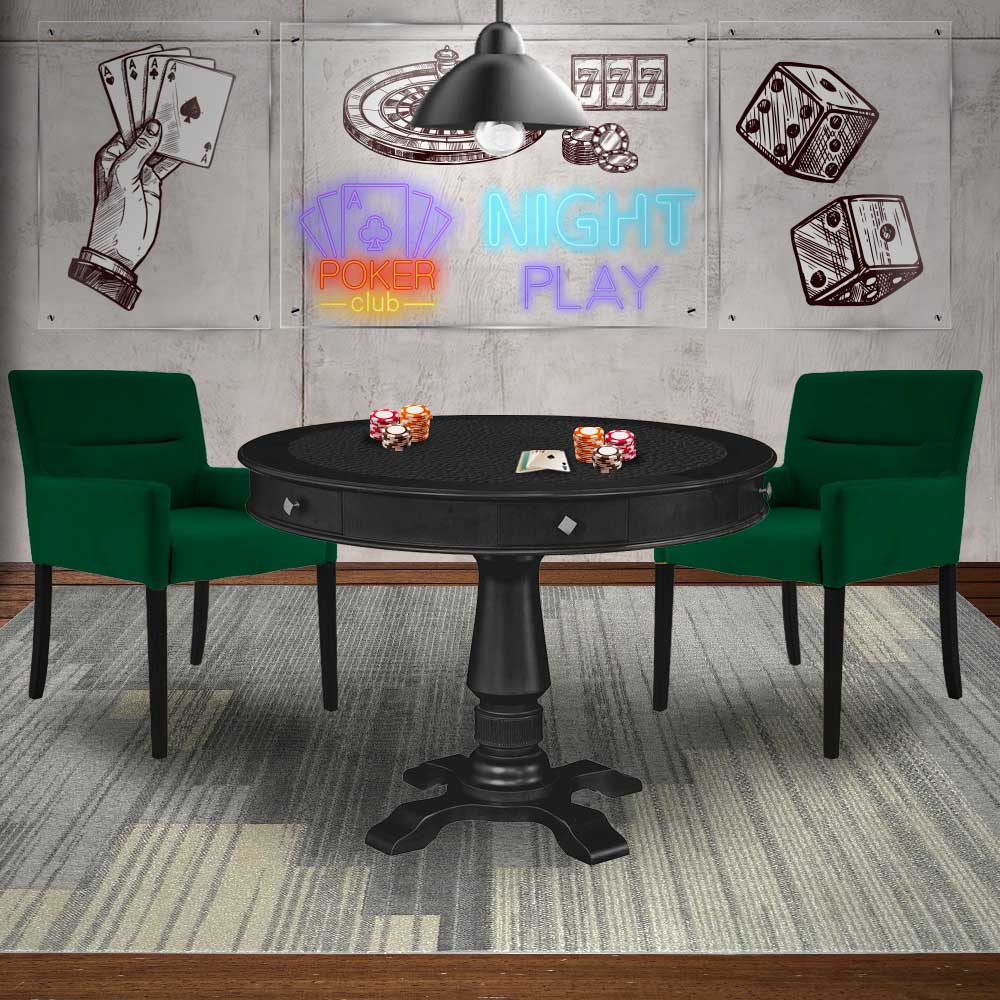 Mesa de Jogos Carteado Redonda Victoria Tampo Reversível Preto com Kit 2 Cadeiras Vicenza Suede Verde G36 G15 - Gran Belo