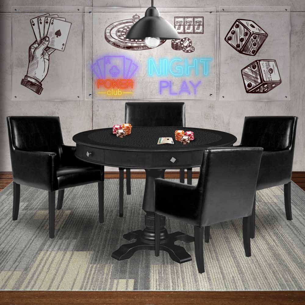 Mesa de Jogos Carteado Redonda Victoria Tampo Reversível Preto com Kit 4 Cadeiras Liverpool PU Preto Liso G36 G15 - Gran Belo