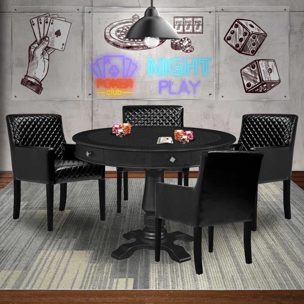 Mesa de Jogos Carteado Redonda Victoria Tampo Reversível Preto com Kit 4 Cadeiras Liverpool PU Preto Matelassê G36 G15 - Gran Belo