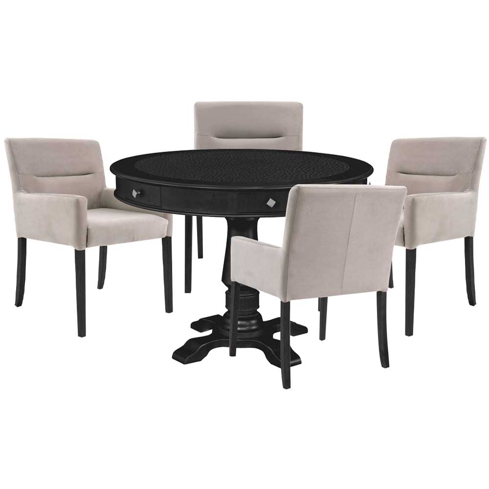 Mesa de Jogos Carteado Redonda Victoria Tampo Reversível Preto com Kit 4 Cadeiras Vicenza Suede Nude G36 G15 - Gran Belo