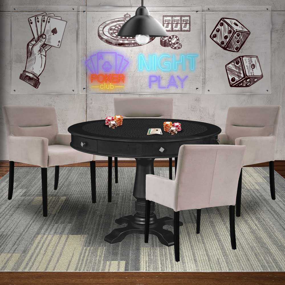 Mesa de Jogos Carteado Redonda Victoria Tampo Reversível Preto com Kit 4 Cadeiras Vicenza Suede Nude G36 G15 - Gran Belo