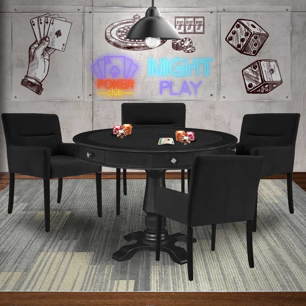 Mesa de Jogos Carteado Redonda Victoria Tampo Reversível Preto com Kit 4 Cadeiras Vicenza Suede Preto Fosco G36 G15 - Gran Belo