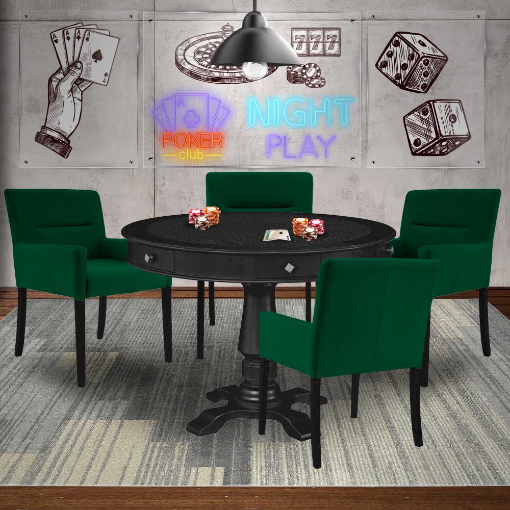 Mesa de Jogos Carteado Redonda Victoria Tampo Reversível Preto com Kit 4 Cadeiras Vicenza Suede Verde G36 G15 - Gran Belo