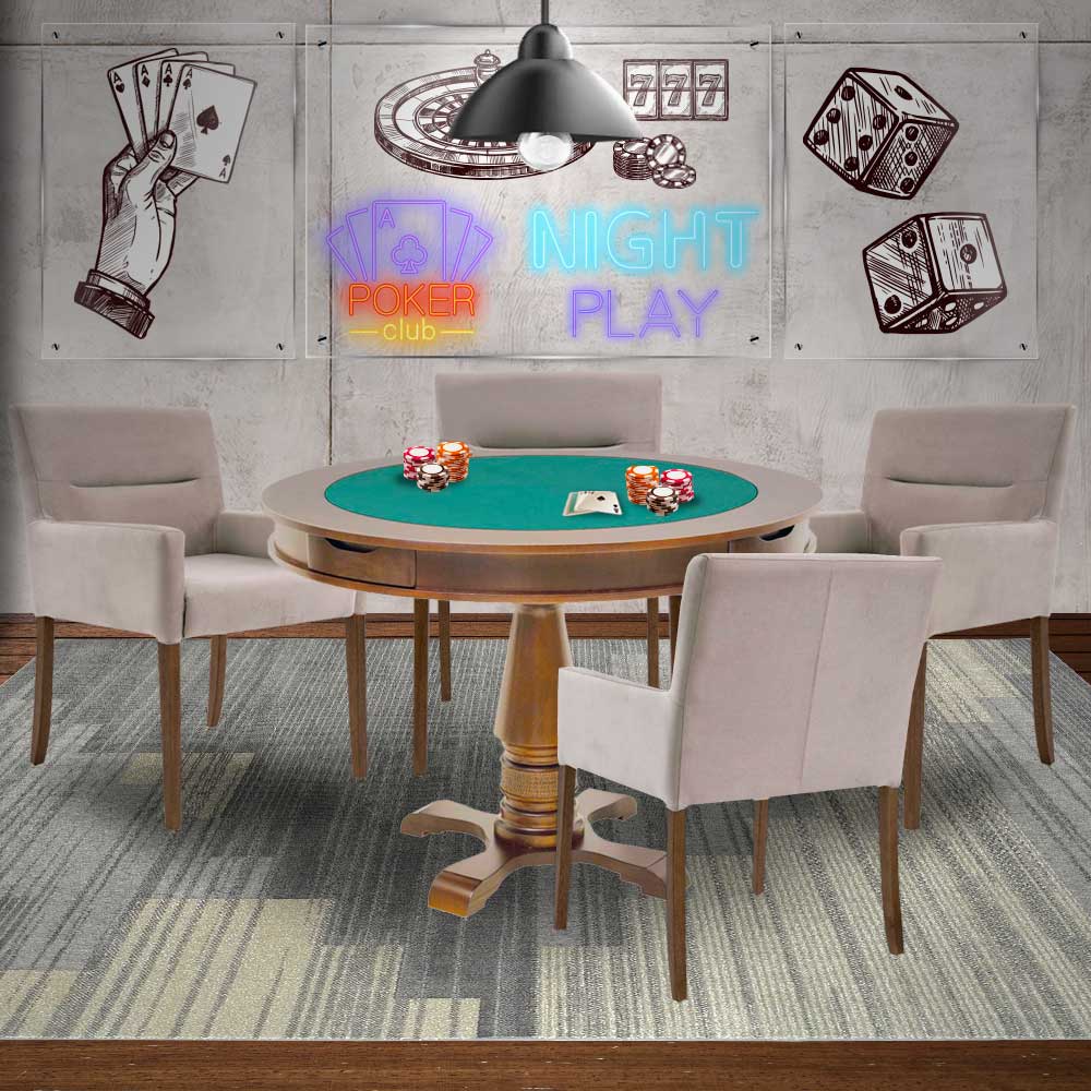 Mesa de Jogos Carteado Victoria Redonda Tampo Reversível Amêndoa com 4 Cadeiras Vicenza Suede Nude G36 G15 - Gran Belo